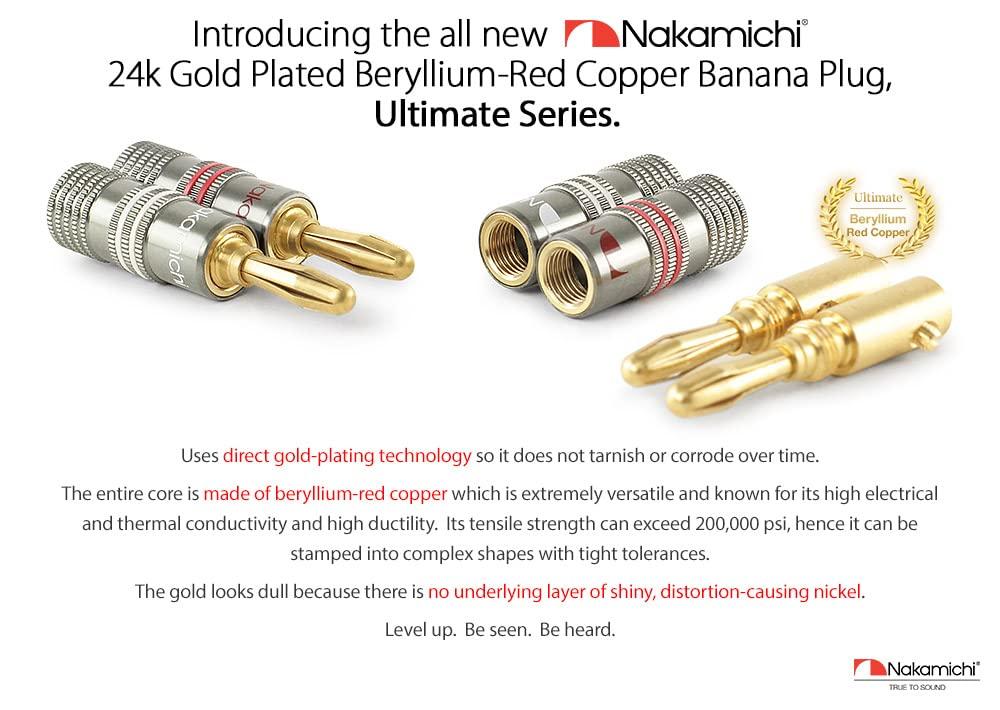 Nakamichi Ultimate Series 24K Zlatem Plátované Beryllium Měděné Banánkové Konektory Reproduktorů Tento produkt je ideální pro flexibilní připojovací kabely k