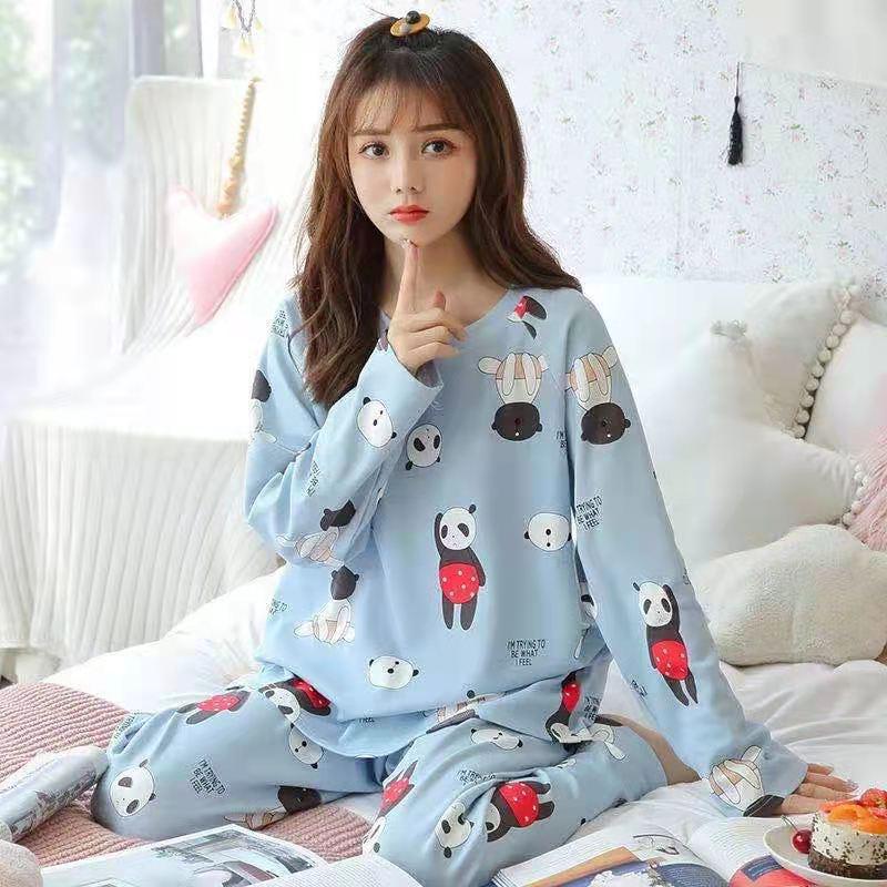 Women's Long-Sleeve Cartoon Pajama Set - Cute Korean Style Homewear for Autumn, Winter, Spring - Plus Size Available