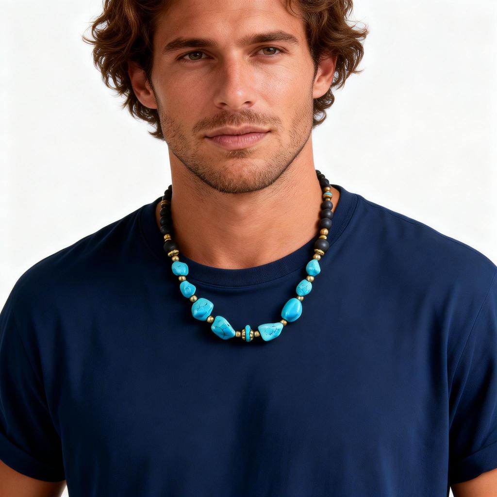 Vintage Turquoise Beaded Necklace for Men Boys,Ethnic Irregular Natural Stone Collars,Summer Bohemian Jewelry Gift