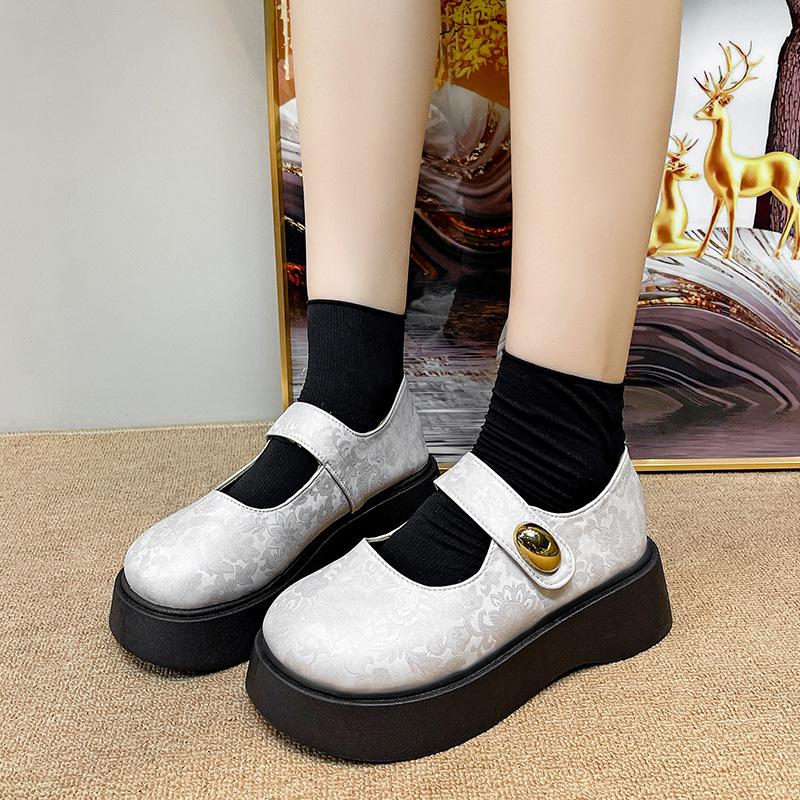 Round Head Printing Gentle New Chinese Thick Heel Mary Jane Shoes Women 2025 Autumn New Fairy Casual Platform Shoes