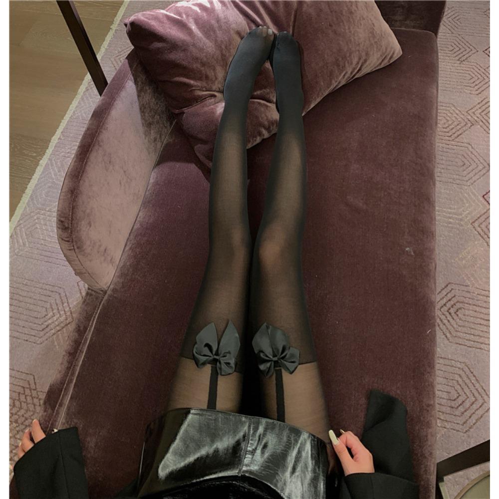 Japanese Cute Bow Black Fake Thigh Socks Knee Socks Women's Jk Black Stockings Splicing White Suspender Socks