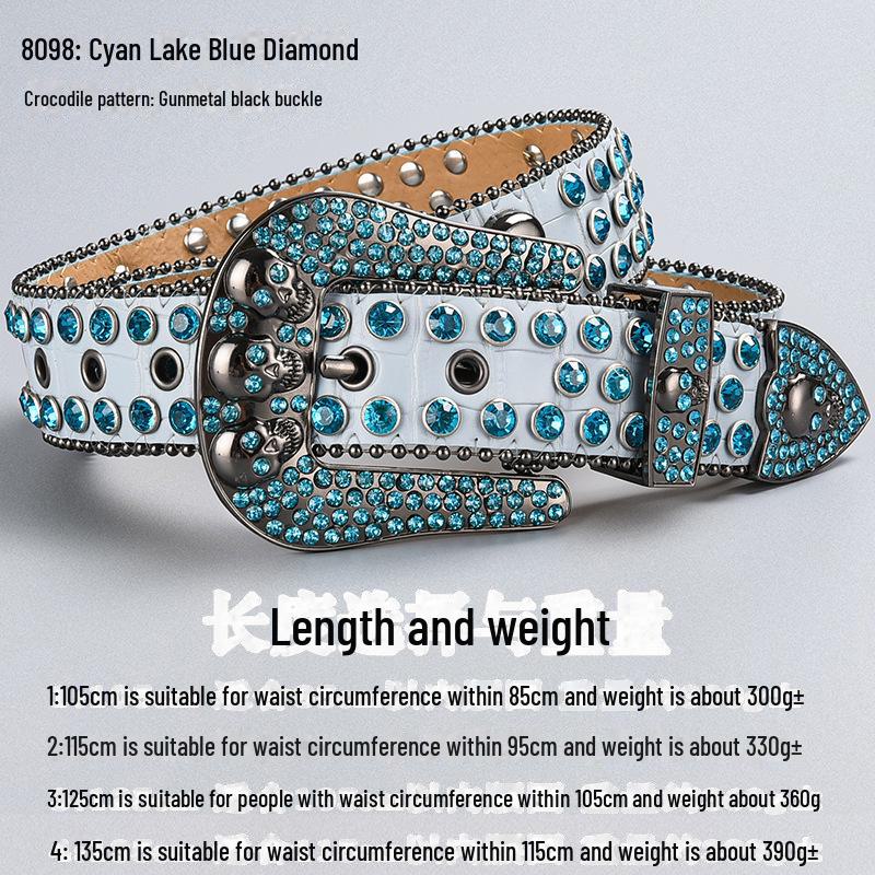 Curea de lux cu cataramă cu strasuri și craniu închis la culoare, cu paiete și diamante