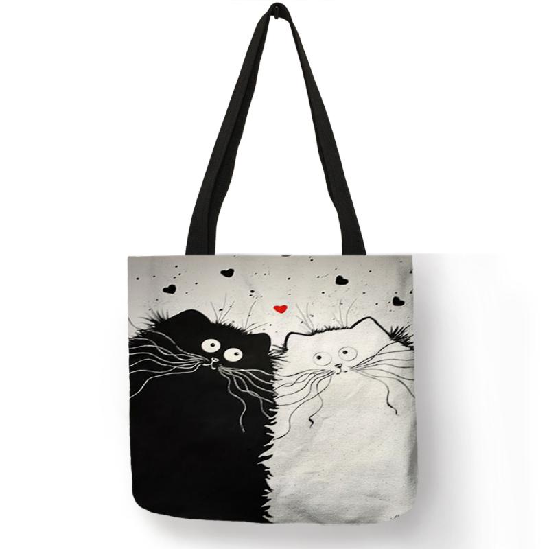 Niedliche Katze Bedruckte Damen Tragetasche Tote Einkaufstasche Lässige Reise Strandtasche Leinen Tragetasche mit Gedrucktem Logo