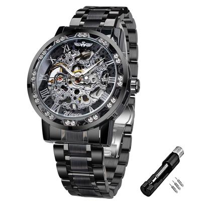 Winner Retro Manual Mechanical Skeleton Watch with Diamonds and Carved Flower Craft Men's Skeleton Wristwatch Mechanical Classic Roman Numerals, Black
