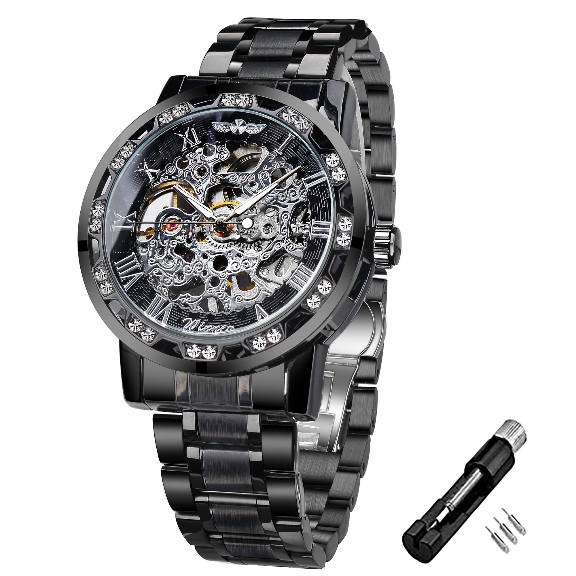 

Winner Retro Manual Mechanical Skeleton Watch with Diamonds and Carved Flower Craft Men s Skeleton Wristwatch Mechanical Classic Roman Numerals, Black