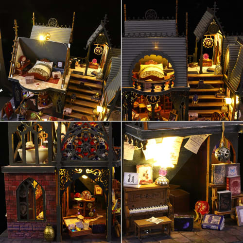 Spilay DIY Wooden Dollhouse Model Castle Building Scenery, Miniature Dollhouse DIY Kit Set for Beginners - (Magic House) + LED Light, Dustproof Cover