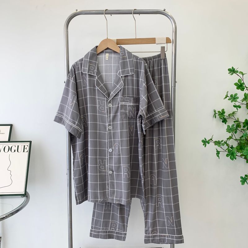 Short Sleeve Pants Men's Pajamas Spring and Summer Poplin Pajamas Men's Homewear Can Be Outwear Soft Cotton Cardigan Suit