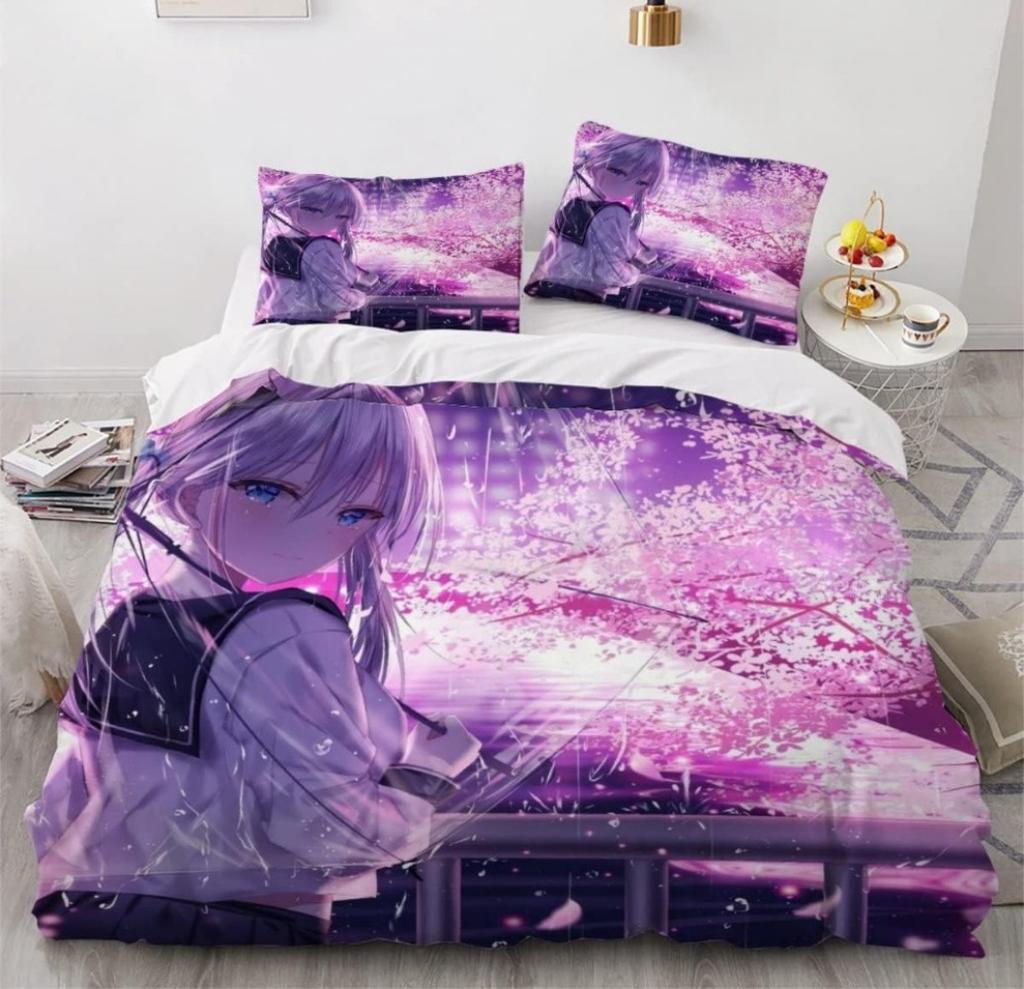 Anime Girl Cartoon Bed Linen Set 3-Piece 3D Print Anime Duvet Cover with Zip Microfibre Teenager Duvet Covers with 2 Pillowcases
