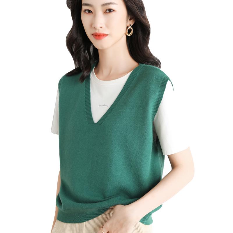 Women's Solid Color V-Neck Knit Vest - Sleeveless, Loose, Autumn/Winter