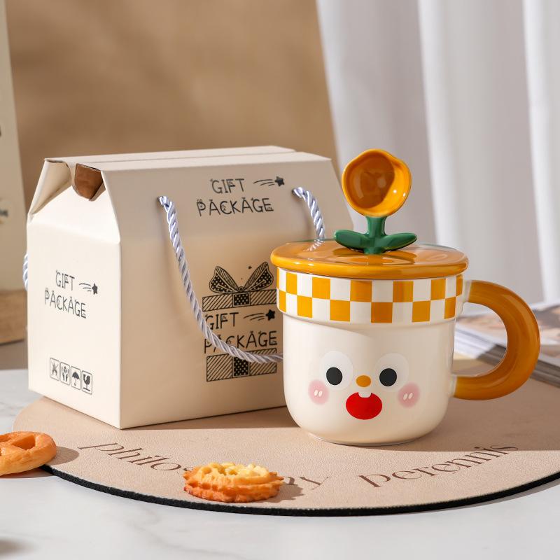 Ceramic Cup With Lid Spoon High Value Household Cute Couple Water Cup Gift Box High Sense Souvenir Creative