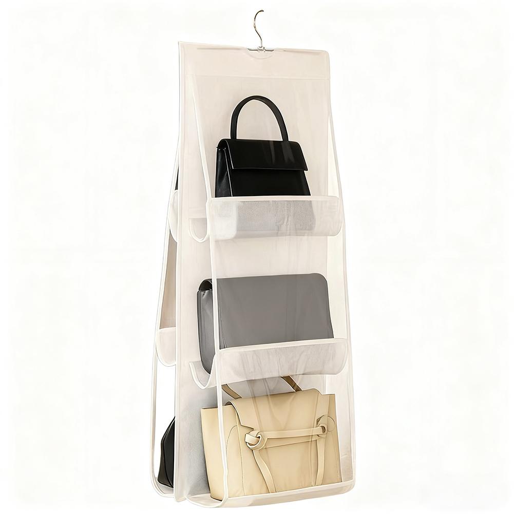 ארגונית תלייה ל-6 כיסים לתיקי יד לארון בגדים אפורה עמידה למים תיק אחסון דלת קיר שקית שקופה למגוון חפצים עם כיס תלייה