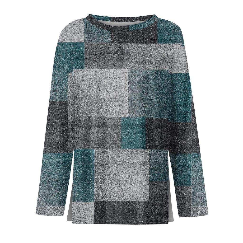 Damenmode Saum Schlitz Lässig Farbverlauf Blumendruck Rundhals Langarm Top