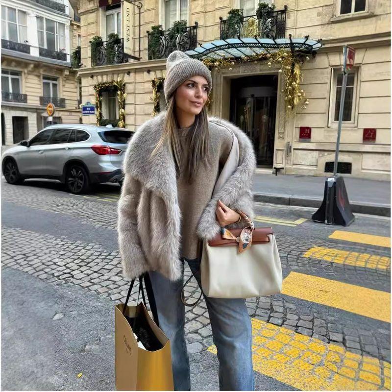 European and American Outwear Fall and Winter Faux Fur Coat Outwear Women's Large Lapel Internet Celebrity Imitation Fox Fur Jacket Outwear Coat