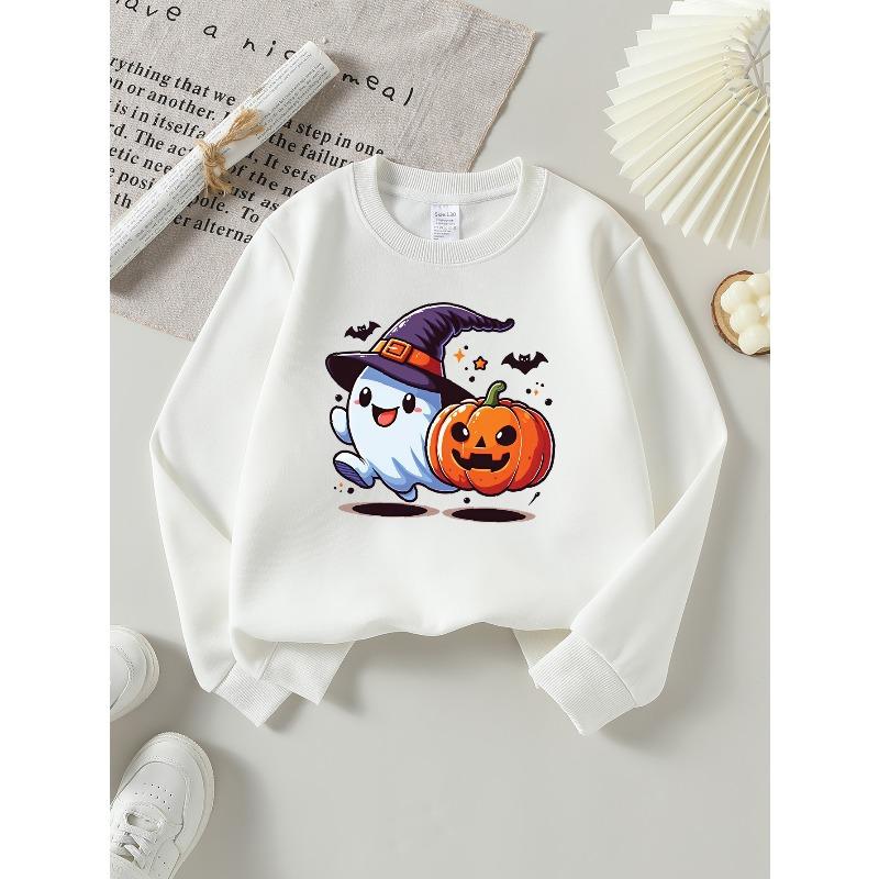 European sizes Girls' Long-Sleeve Crewneck Sweatshirt "Pumpkin" Printed Top, Casual for Celebrations & Everyday Wear