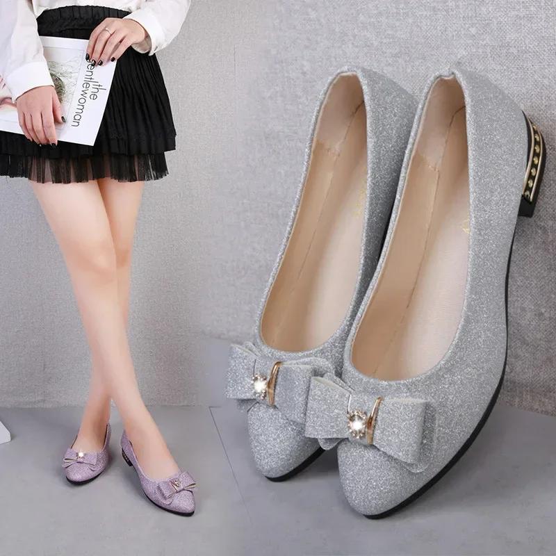 Fashion Korean casual shallow mouth single shoe women's summer new item bow frosted low heel rhinestone fashionable women's shoes