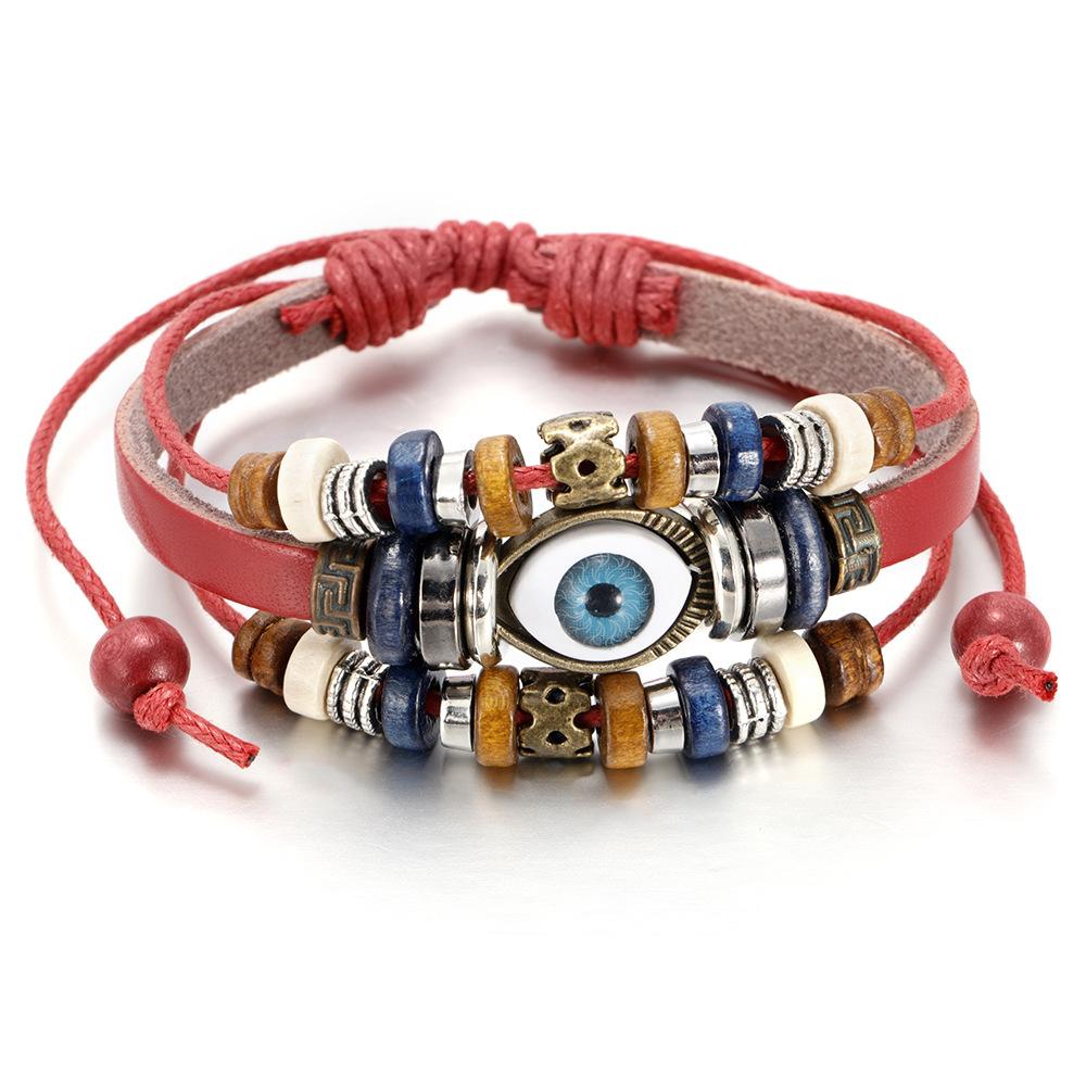 Bohemian Multilayer Braided Leather Bracelet with Eye Beads, Adjustable Couple Wristband