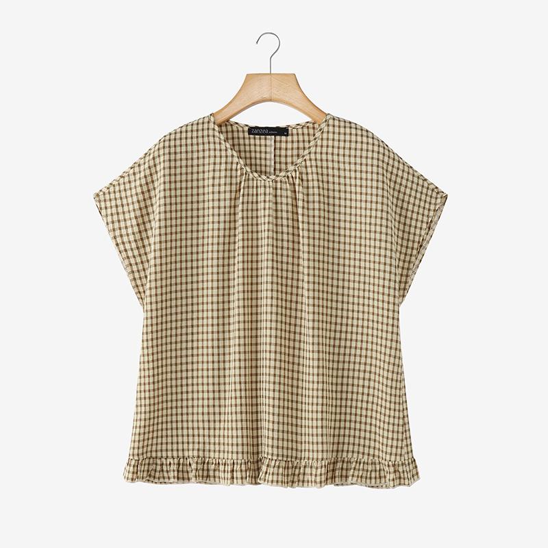 ZANZEA Women Grid Print Casual Round Neck Loose Short Sleeve Blouse S хаки