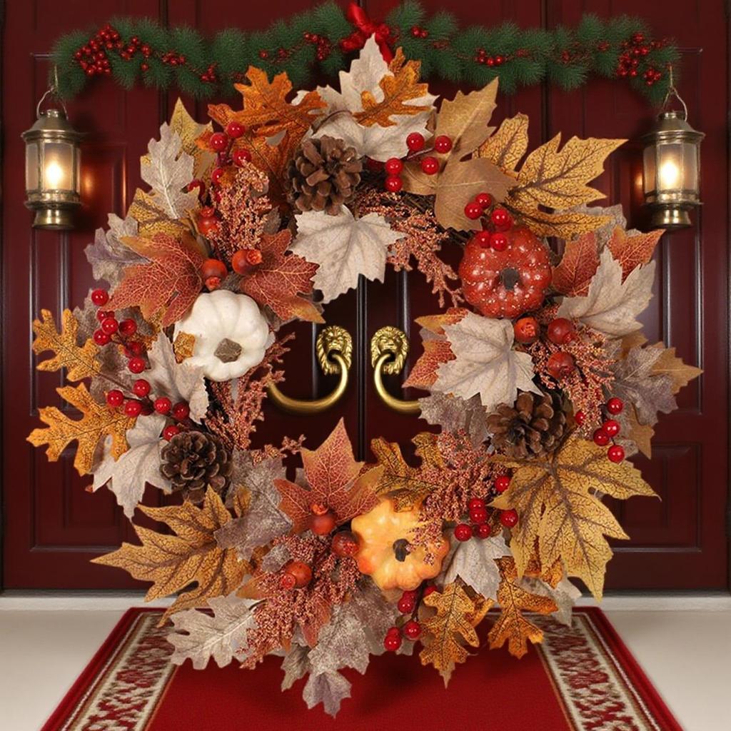 Thanksgiving Wreath  Fall Wreaths Pumpkin Berries Wreath Autumn Scene Decor Thanksgiving Harvest Festival Wreaths for Home