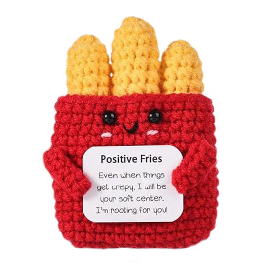 

Позитивная вязаная крючком кукла с картофелем фри с карточкой, эмоциональная поддержка вязания, кукла ручной работы «сделай сам», игрушка для жарки еды, украшение