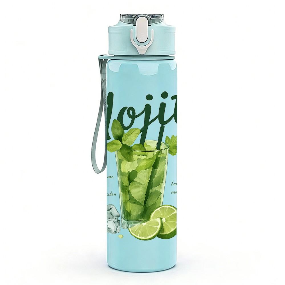 1PC Mojito Cocktail Letter Art 750ml Color Plastic Sports Water Bottle Leakproof Flip Straw Lid Suitable for Sports Office Home Use