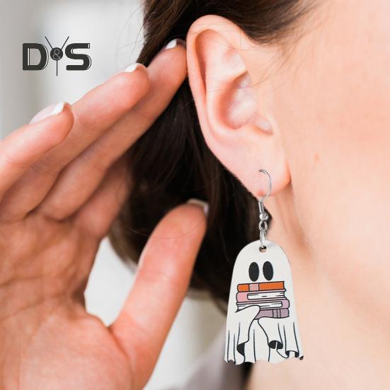 Halloween-Geister-Ohrringe, Holzgeist mit Buch-Ohrringen, Halloween-Party-Schmuck für Frauen, Make-up und Alltagskleidung