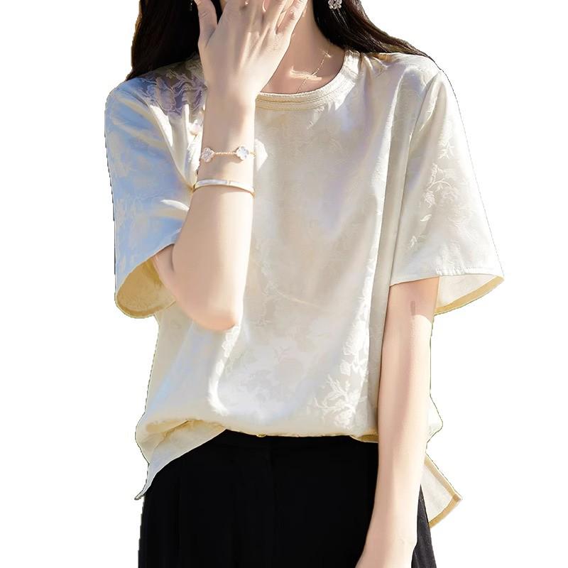 Women's 2026 Summer Silk Jacquard Short-Sleeve Top with Frog Buttons - New Chinese Style, Round Neck, Loose Fit