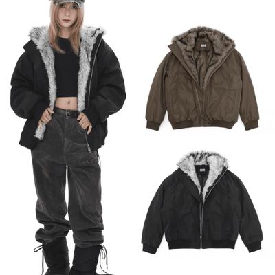 Winter Cotton Jacket Men and Women Couple Style Hooded Fur Collar High-end Cotton Clothing Fleece-lined Thickened Cotton Jacket Coat