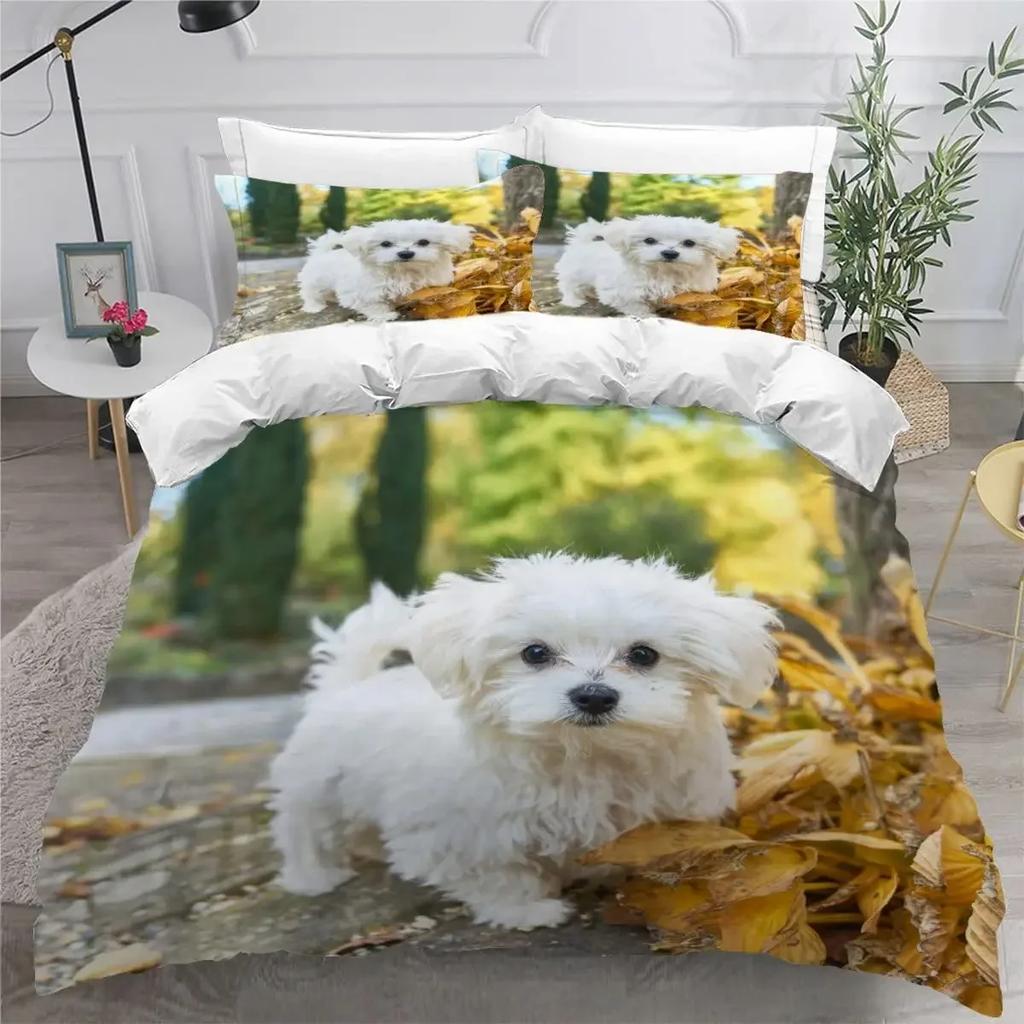 Sött Påslakanset med Maltesisk Hund Husdjur Hundar Tema Sängkläder Mikrofiber Kawaii Djur Täcke Överdrag Twin King För Barn Tonåringar