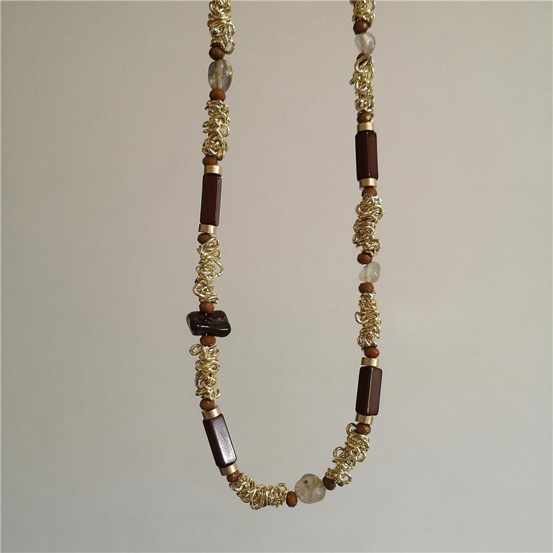 Vintage Leather Brown Stone Sun Pendant Beaded Choker Clavicle Chain Necklace For Women Unique Y2K Personalized Grunge Jewelry