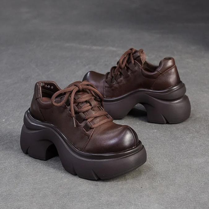 Johnature Genuine Leather Thick Soled High Heel Pumps Versatile Retro Round Toe Lace-up Women's Platform Shoes