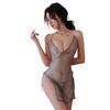 Women Sexy Gauze Sheer Dress Ultrathin Transparent Open Split Lingerie Low Cut Halter Pajamas With Thong Backless Nightdress