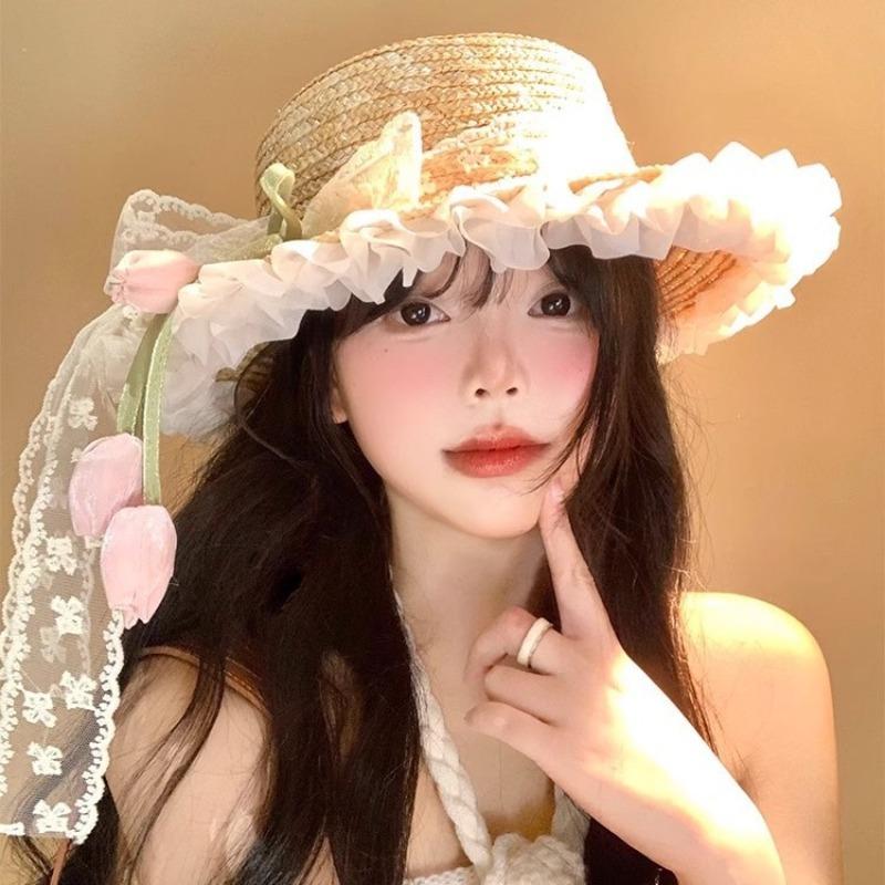 Lace Bow Tulip Straw Hat Women's Summer Seaside Beach Vacation Sun Hat Shade Sun Protection Hat