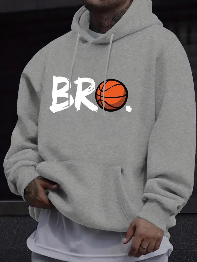 Herren lässiges Kapuzensweatshirt - leuchtend rot BRO Basketballmuster Aufdruck, langärmeliger Pullover mit Vordertasche, maschinenwaschbar