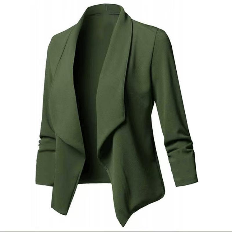 Women's Slim Fit Long Sleeve Solid Color Blazer Versatile Stretch Cuff Lapel Jacket For Office Wear, Elegant Career Open Front Coat For Commuting