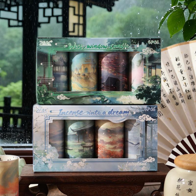 4 Rolls Chinese Ink Wash Decorative Tape Stickers, Vivid Ink Prints Suitable for Scrapbooking and Card Making
