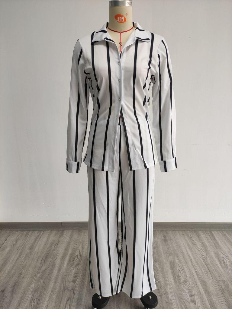 European & American Women's Striped Two-Piece Set: Long Sleeve Shirt & Pants