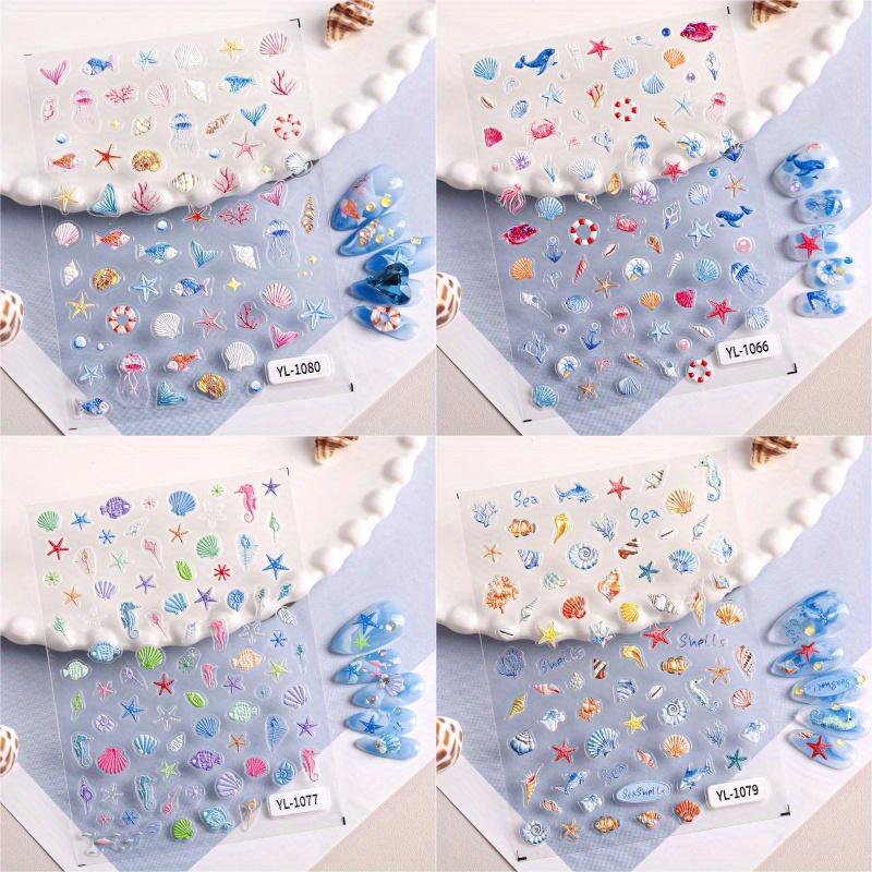 

4 листа 3D рельефных наклейки для ногтей в океанском стиле, ракушка, морская звезда, 3D самоклеящиеся наклейки для ногтей, DIY самоклеящиеся украшения для ногтей 4Sheets