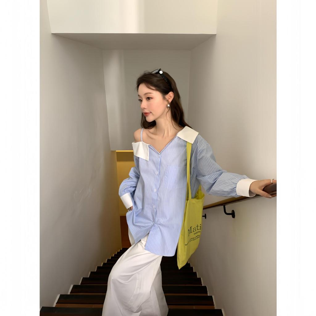 Thirteen Lines Spring 2025 French Style Off-Shoulder Striped Shirt for Women C3056