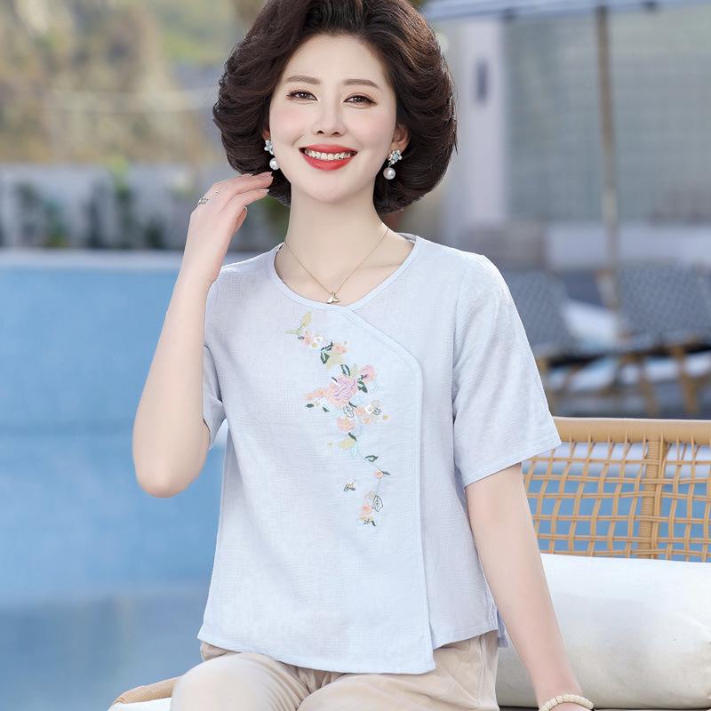 Mid-Aged & Elderly Cotton Linen Embroidered Ethnic T-Shirt