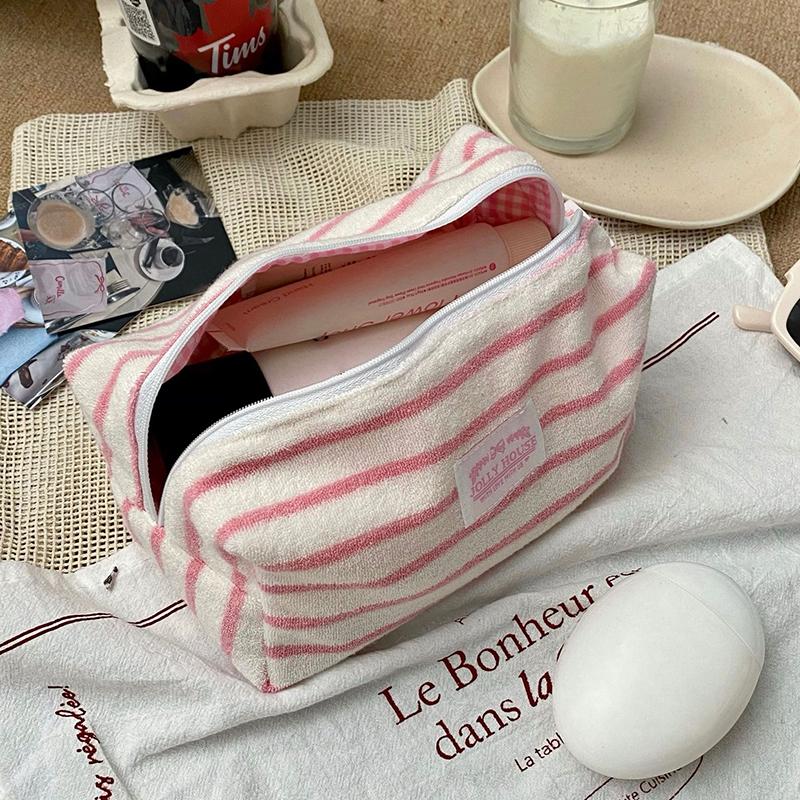 

1 Piece Women Large Capacity Portable Handheld Makeup Case Travelling Bags Simple Striped Canvas Cosmetic Bag For Ladies L рожевий