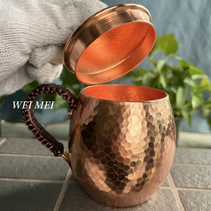 Vintage Copper Oval Coffee Mug,Thickened With Lid Drinking Water Cup,Handcrafted Hammer Texture Woven Handle Tea Cup Tableware