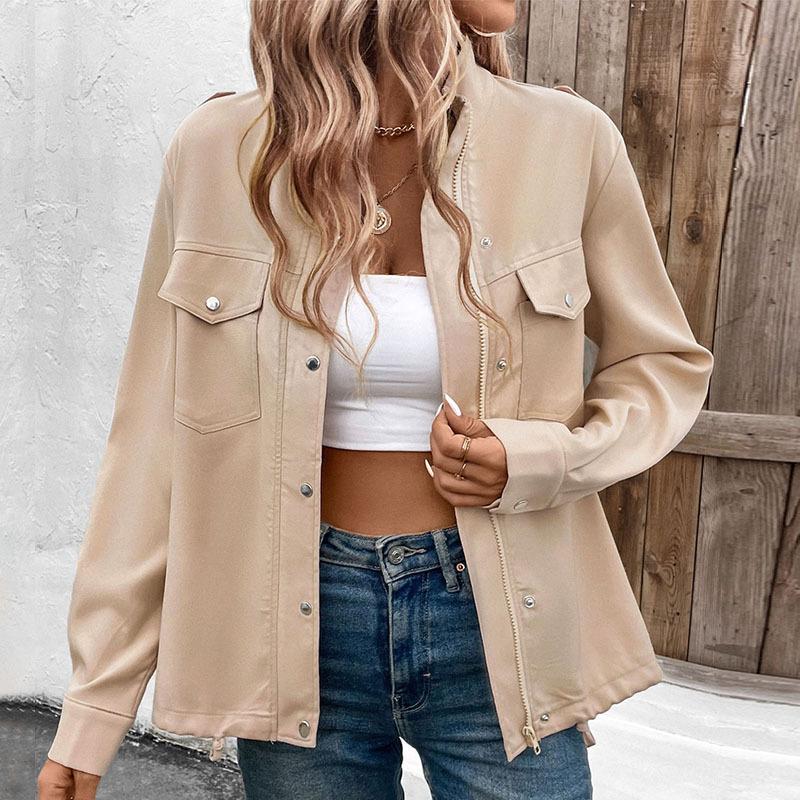 

Pocket Work Top New Autumn Stand Collar Solid Color Jacket S хакі
