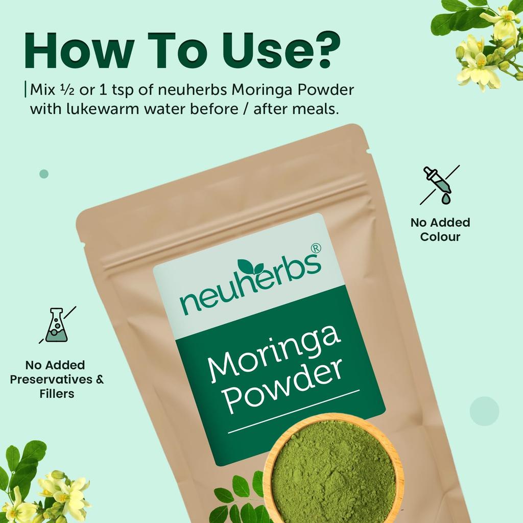 Polvo de Hojas de Moringa Neuherbs 200g Superalimento Puro Para Energía, Digestión y Apoyo Inmunológico Natural