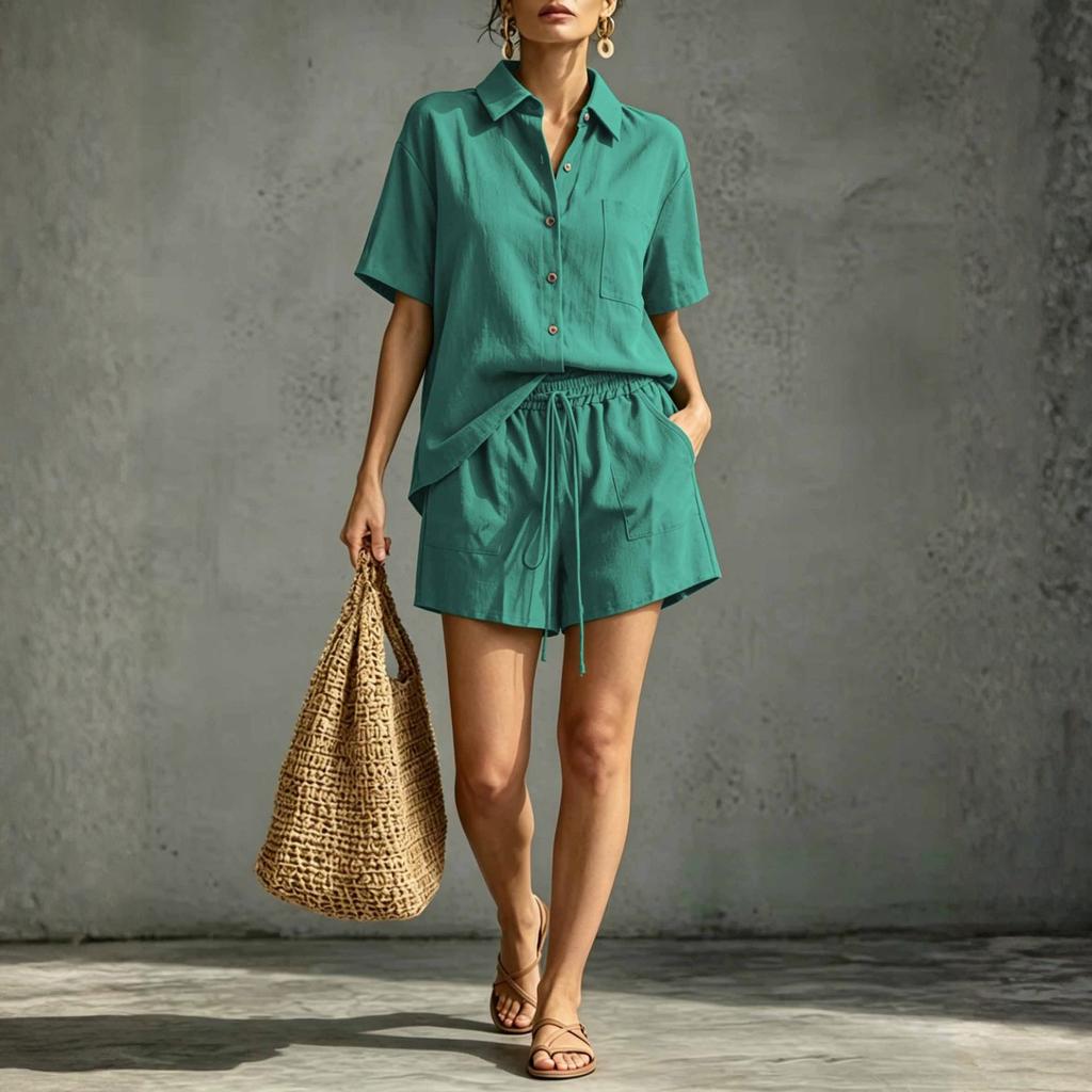 Linen Sets For Women 2 Piece Short Sleeve Button Down Shirt And Shorts Casual Comfy Cotton Outfits