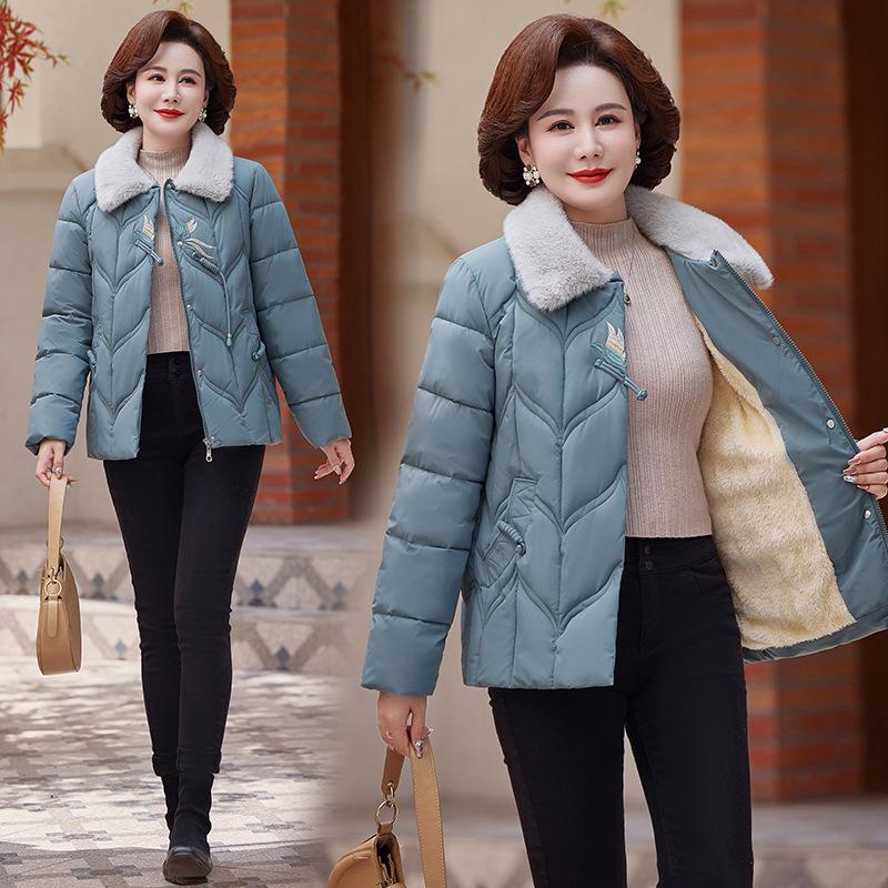 Cotton jacket women's short plush lapel embroidered buckle middle-aged and elderly temperament is versatile, lined with fleece cold clothing