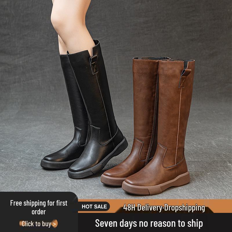Women's Retro Leather Over-the-Knee Boots with Thick Sole and Velvet Lining - Versatile High-Top for Autumn/Winter