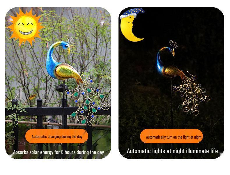 Solar Peacock Light: Waterproof Wrought Iron Garden Ornament for Lawn and Courtyard.