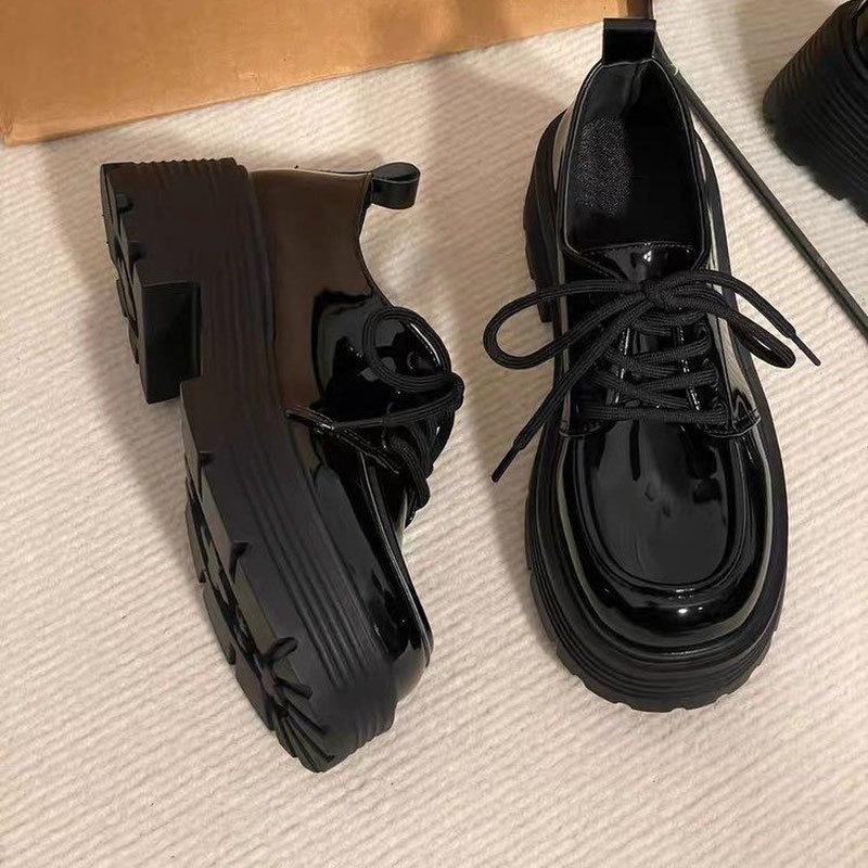 Women's Black Leather Lace-Up Thick-Soled Shoes – New 2024 Retro British Style for Spring & Autumn
