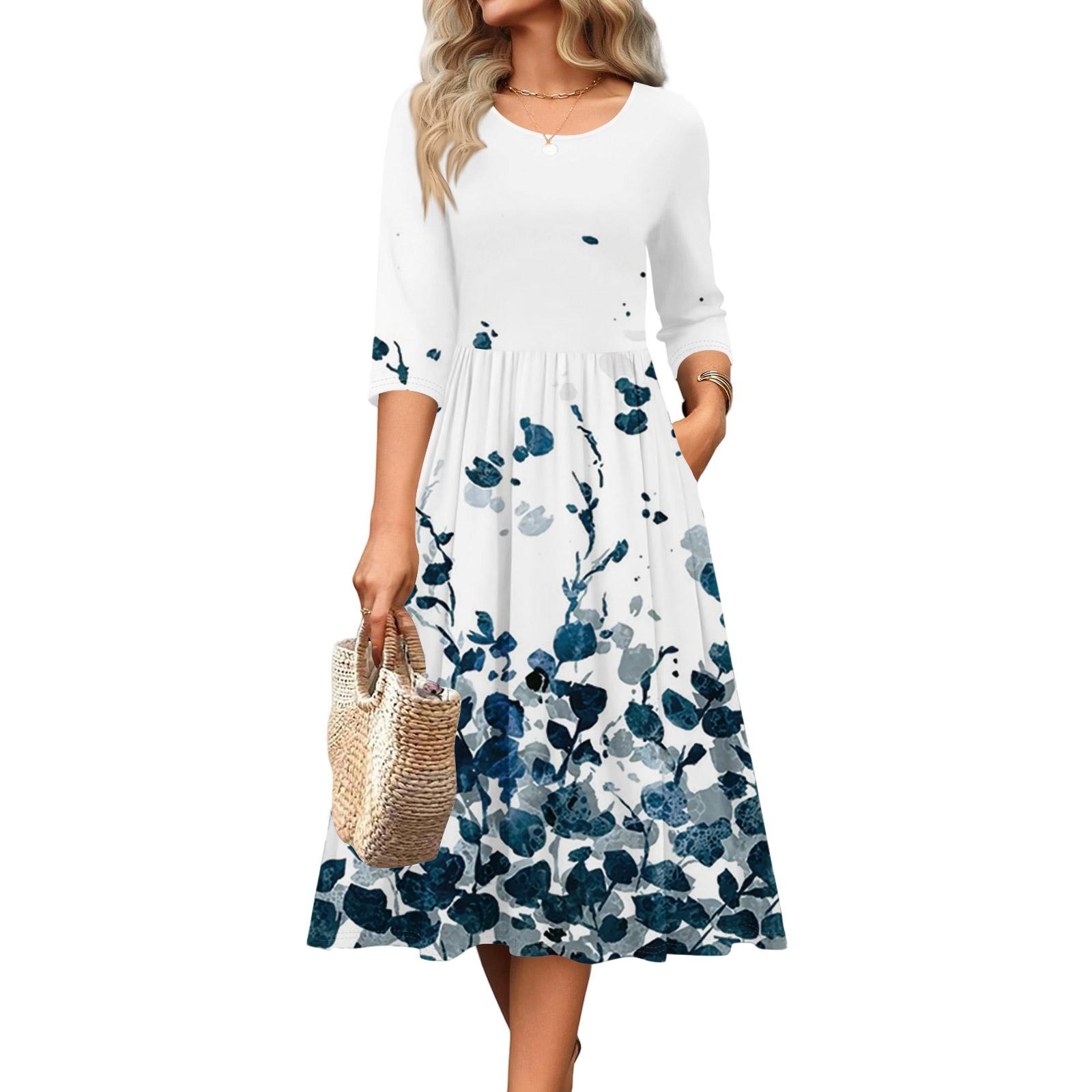 

Женское платье с рукавом 3/4, повседневное, свободное, А-силуэта, миди, футболка, с карманами, с круглым вырезом, для отпуска, в стиле бохо, пляжный сарафан XL белый