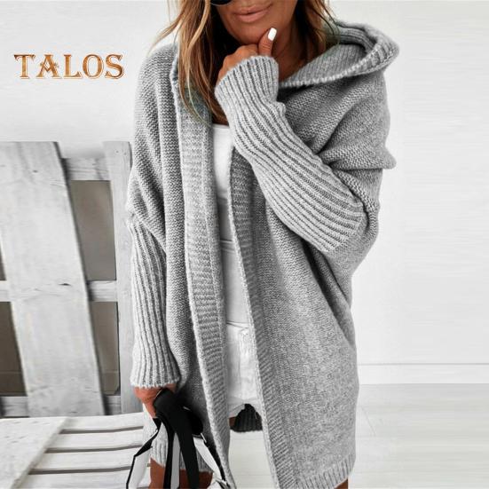 Women Sweater Coat Hooded Long Sleeve Ribbed Cuffs Open Front Knitting Coat Solid Color Mid-length Sweater Cardigan